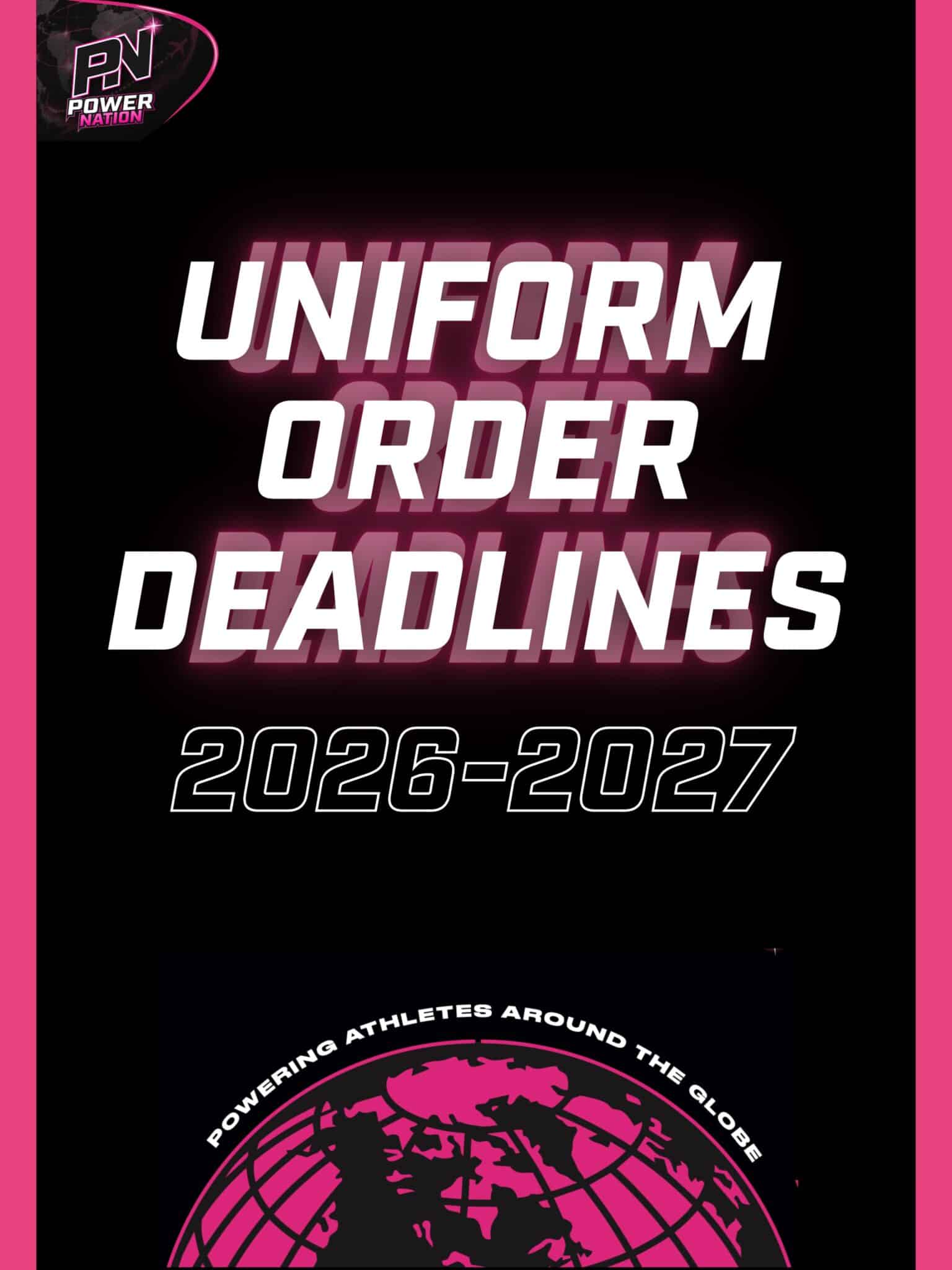 YOUR 2026/2027 UNIFORM ORDER DEADLINES CALENDAR ⚡️
The journey to your next uniform starts NOW!🌍
Whether you’re competing locally or representing your team on the world stage, now’s the time to secure your place in our production schedule!⏰
Designed to perform - make your mark in Power Nation.
Start your order process TODAY!📩
📧 info@powernationcheer.com
📞 01788 227 195
🌐www.powernationcheer.com
